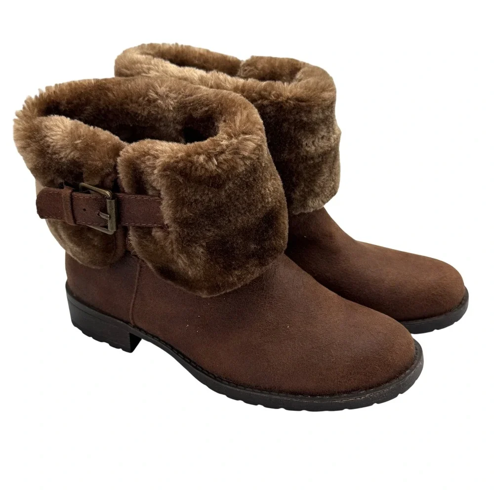 Bass‎ Women Brown Faux Fur Lined Ankle Boots With Buckle Accent Size 6M Leather